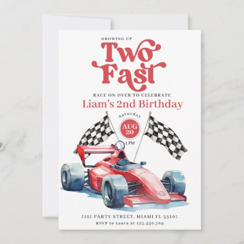 Two Fast Racing Boy Red Race Car Birthday Party Invitation