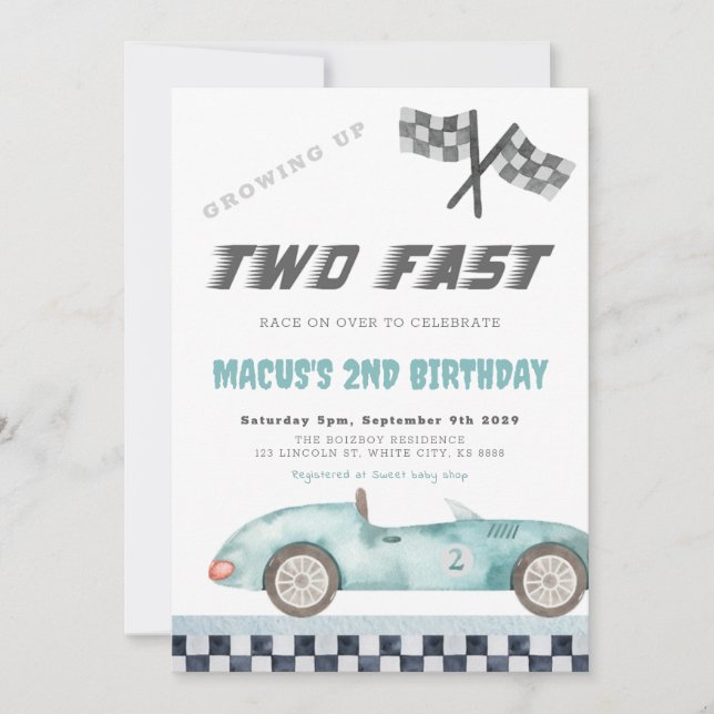 TWO Fast Racing Car Birthday Party Invitation (Front)