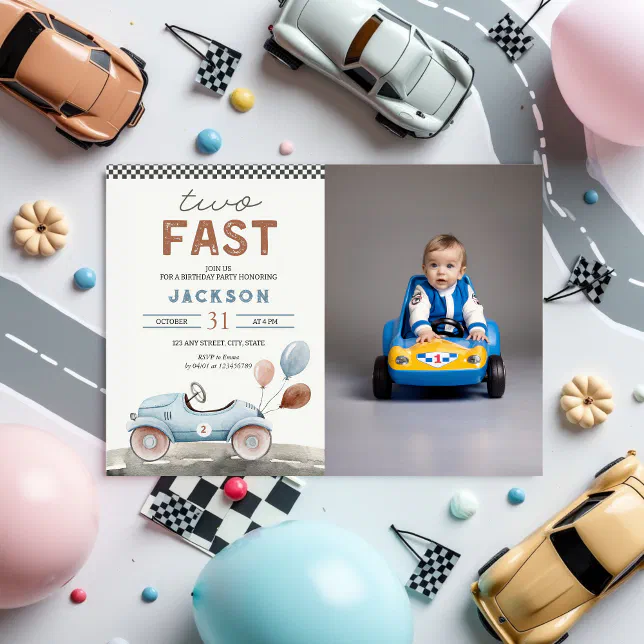 TWO Fast Racing Car Blue Boy 2nd Birthday Photo Invitation | Zazzle