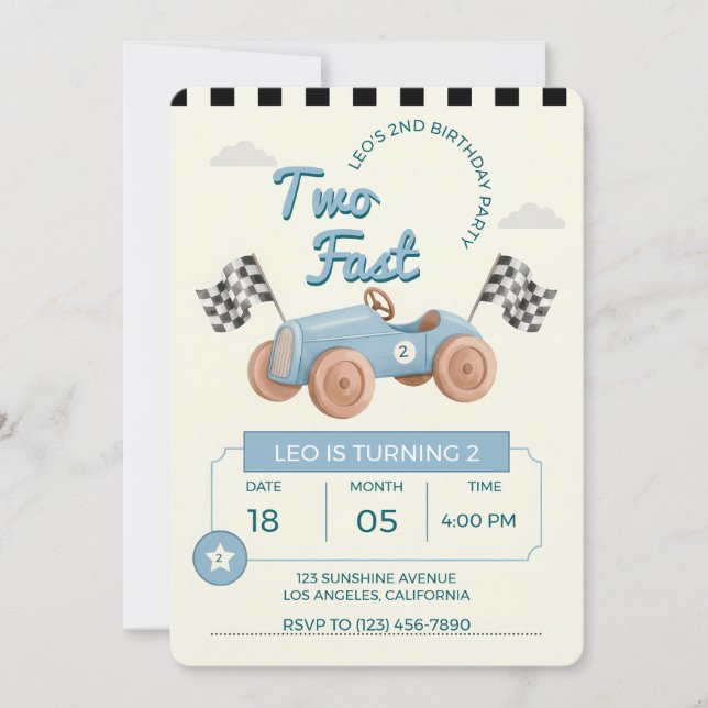 Two Fast Racing Car Boy 2nd Birthday Invitation (Front)