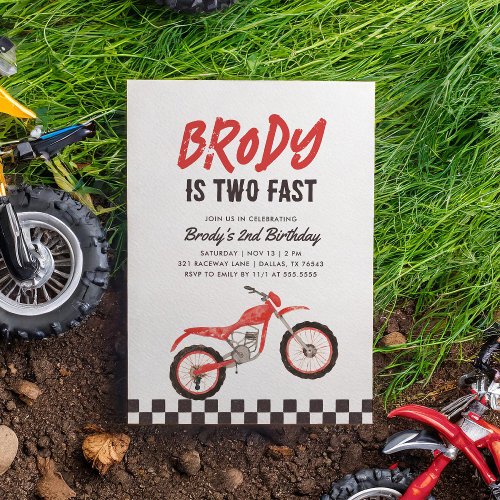 Two Fast Red Dirt Bike Boy 2nd Birthday Invitation