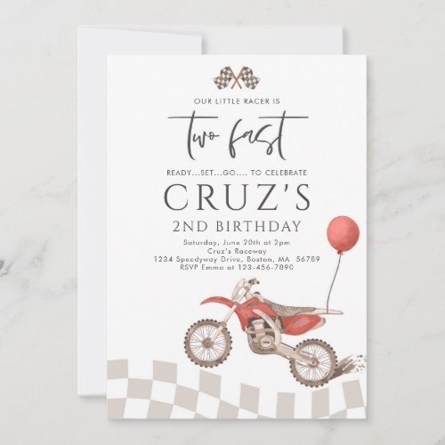 Two Fast Red Dirt Bike Boy 2nd Birthday Party  Invitation