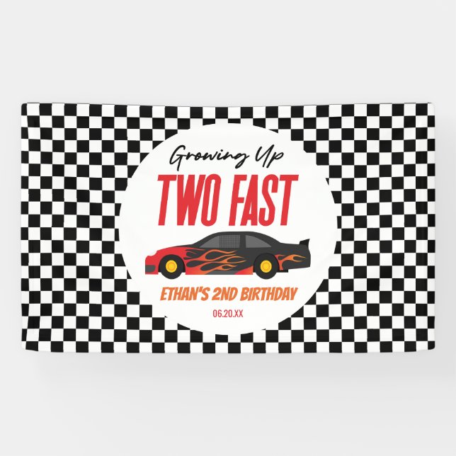 Two Fast Red Flame Race Car 2nd Birthday Party Banner (Horizontal)
