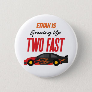 Two Fast Red Flame Race Car 2nd Birthday Party Button