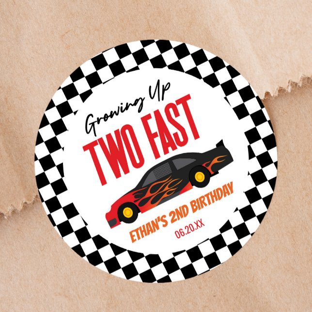 Two Fast Red Flame Race Car 2nd Birthday Party Classic Round Sticker (Creator Uploaded)