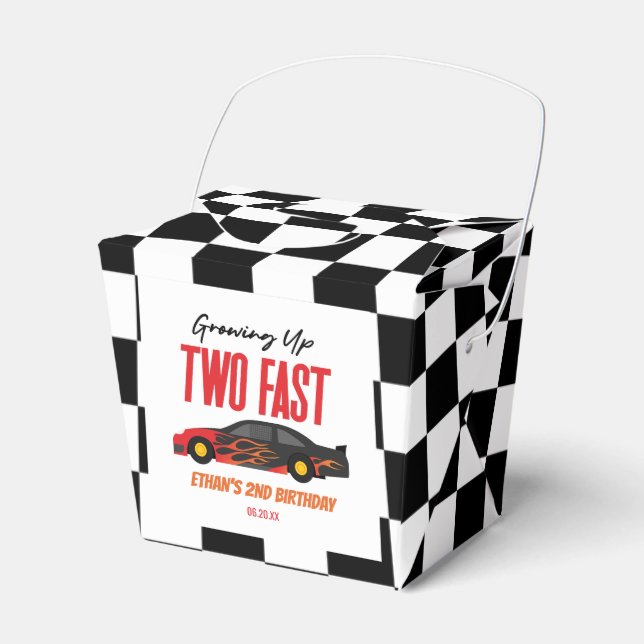Two Fast Red Flame Race Car 2nd Birthday Party Favor Boxes (Front Side)