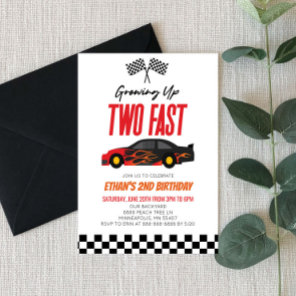 Two Fast Red Flame Race Car 2nd Birthday Party Invitation