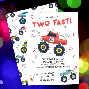 Two Fast Red Monster Truck 2nd Birthday Invitation