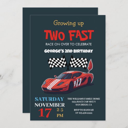 Two Fast Red Race Car 2nd Birthday Party Invitation