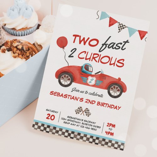 Two Fast Red Race Car 2nd Birthday Party Invitation