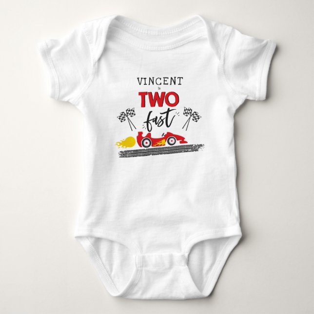 Two Fast Red Race Car 2nd Birthday Party Outfit Baby Bodysuit (Front)