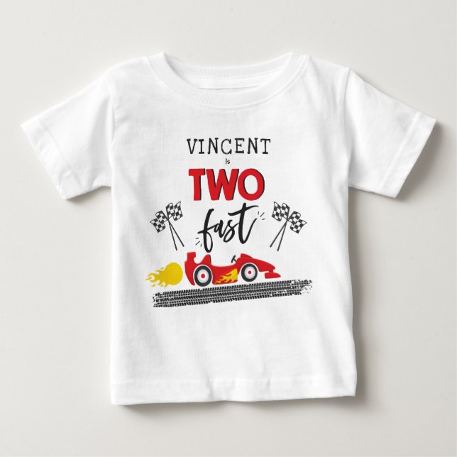 Two Fast Red Race Car 2nd Birthday Party Outfit Baby T-Shirt (Front)