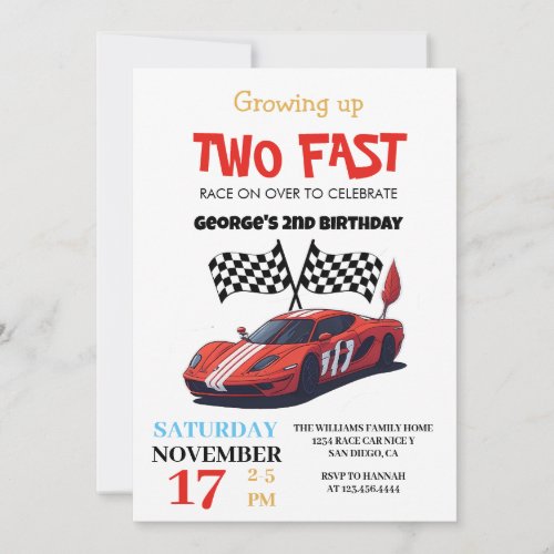 Two Fast Red Race Car 2nd Birthday Party White Invitation