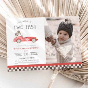 Two Fast Red Race Car 2nd Birthday Photo Invitation