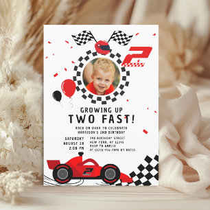 Two Fast Red Race Car 2nd Birthday Photo Invitation
