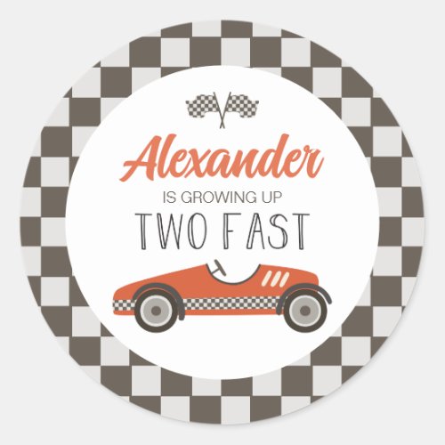 Two Fast red Race Car Birthday Classic Round Sticker