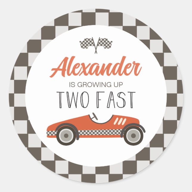 Two Fast red Race Car Birthday Classic Round Sticker (Front)