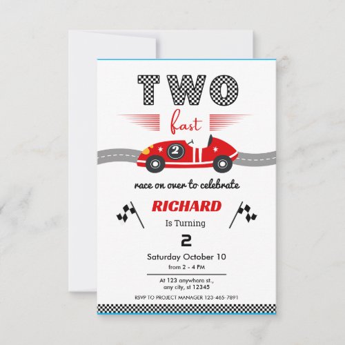 Two Fast Red Race Car Birthday  Invitation