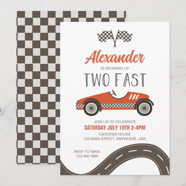 Two Fast Red Race Car Birthday Invitation (Front/Back)