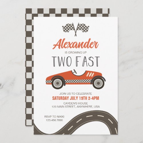 Two Fast Red Race Car Birthday Invitation