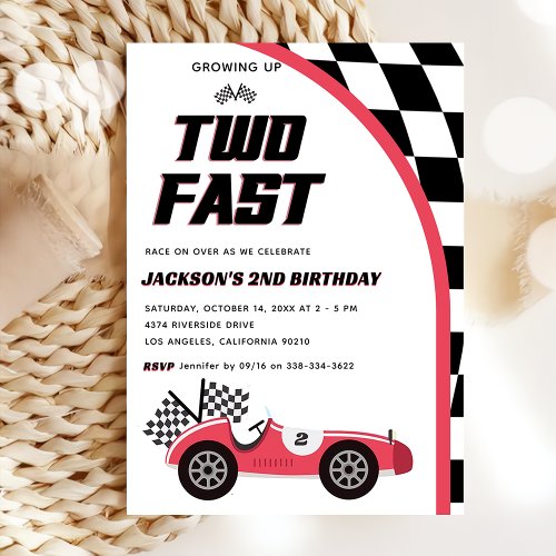 Two Fast Red Race Car Birthday Party Invitation