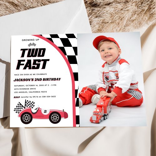 Two Fast Red Race Car Birthday Party Photo  Invitation