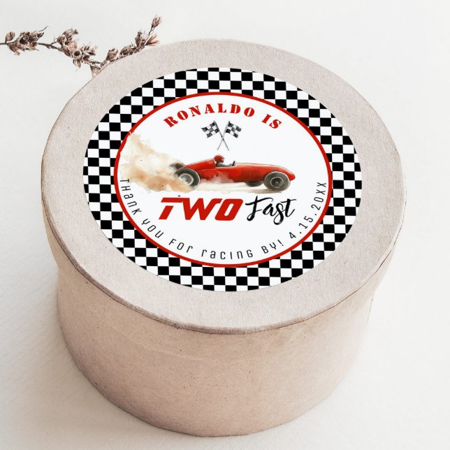 Two fast Red race car Boy Birthday Thank you Classic Round Sticker (Creator Uploaded)
