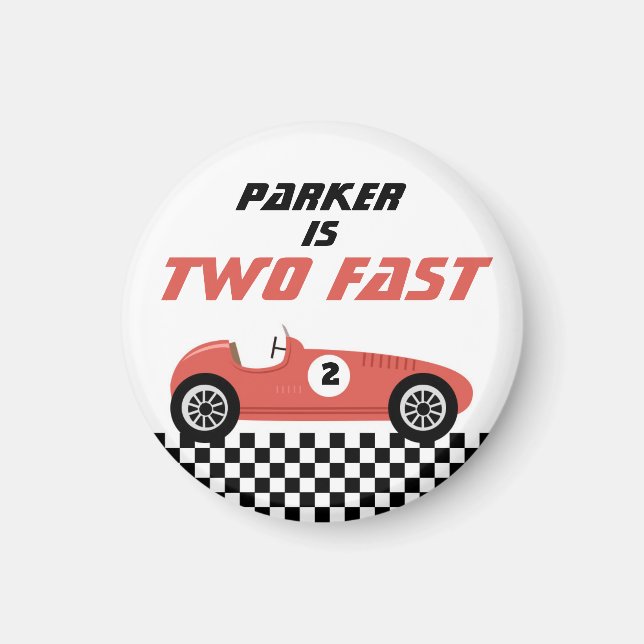 Two Fast Red Race Car Racing Birthday Party Magnet (Front)