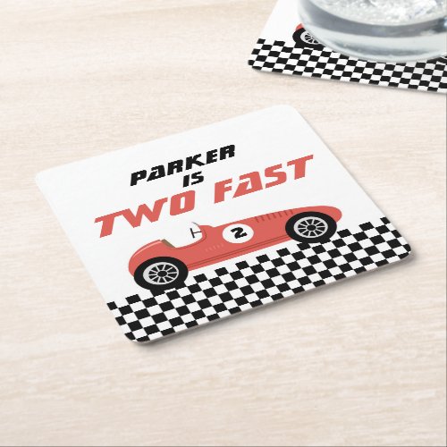 Two Fast Red Race Car Racing Birthday Party Square Paper Coaster