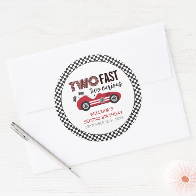Two Fast Red Race Car Second Birthday  Classic Round Sticker (Envelope)
