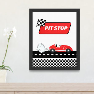 Two fast red retro race car boy birthday pit stop  poster