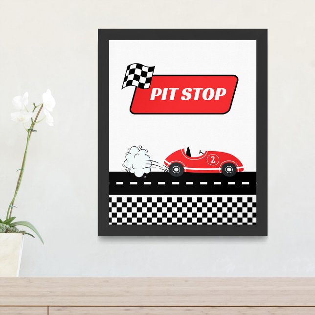 Two fast red retro race car boy birthday pit stop  poster (Creator Uploaded)