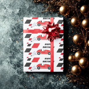 Two fast red retro race car checkered  racing wrapping paper