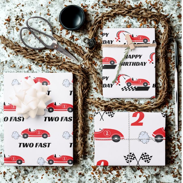 Two fast red retro race car racing theme birthday  wrapping paper sheets (Creator Uploaded)