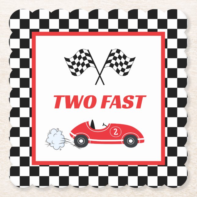 Two fast red retro race car theme boy's birthday  paper coaster (Front)