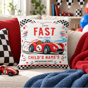 Two Fast Red Vintage Race Car 2nd Birthday Throw Pillow