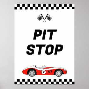 Two Fast Red Vintage Race Car Birthday Pit Stop Poster