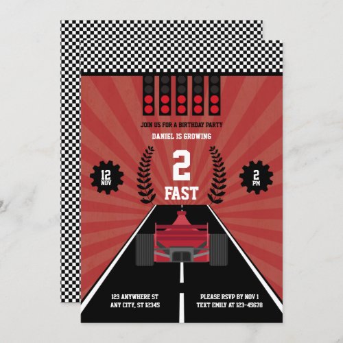 Two Fast Second Birthday Theme Boy Racing Formula Invitation