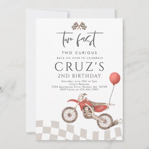Two Fast Two Curious Dirt Bike 2nd Birthday Party  Invitation