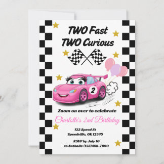 Two Fast Two Curious Pink Race Car 2nd Birthday Invitation