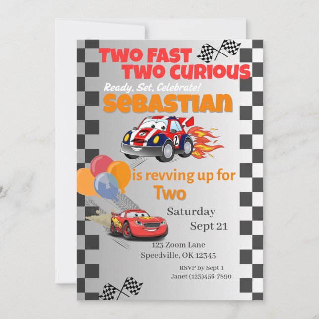 Two Fast Two Curious Race Car Birthday Invitation  (Front)