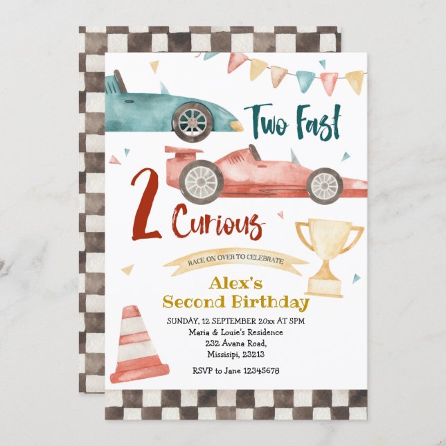 Two Fast Two Curious Racing Boy Birthday Invitation (Front/Back)