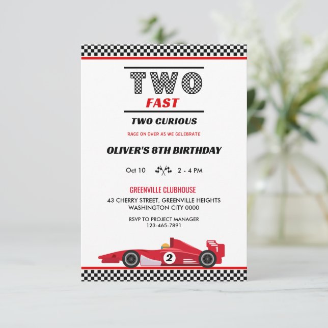  Two Fast Two Curious Red Race Car Birthday Invitation (Standing Front)