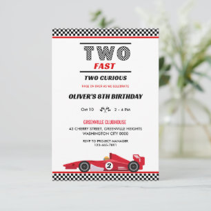 Two Fast Two Curious Red Race Car Birthday Invitation