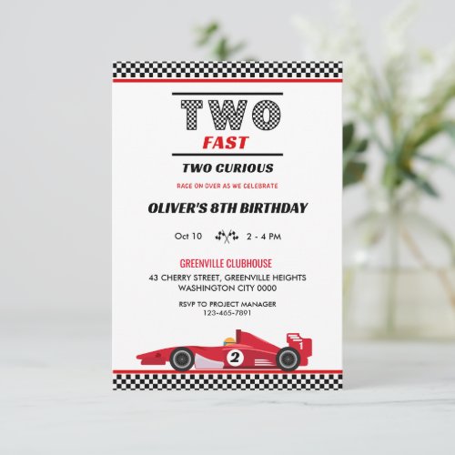  Two Fast Two Curious Red Race Car Birthday Invitation