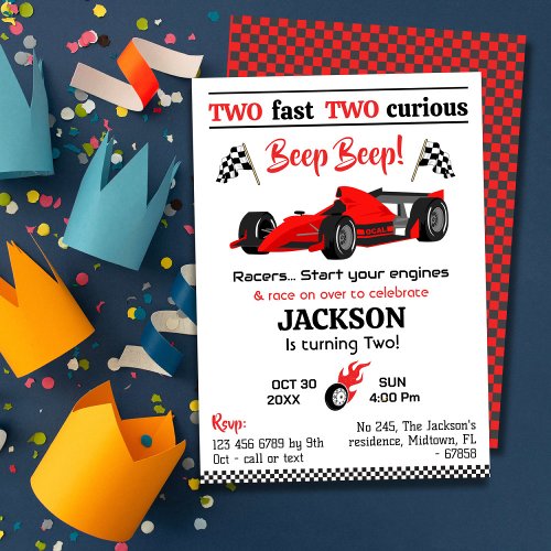 Two fast Two curious red race sports car birthday  Invitation