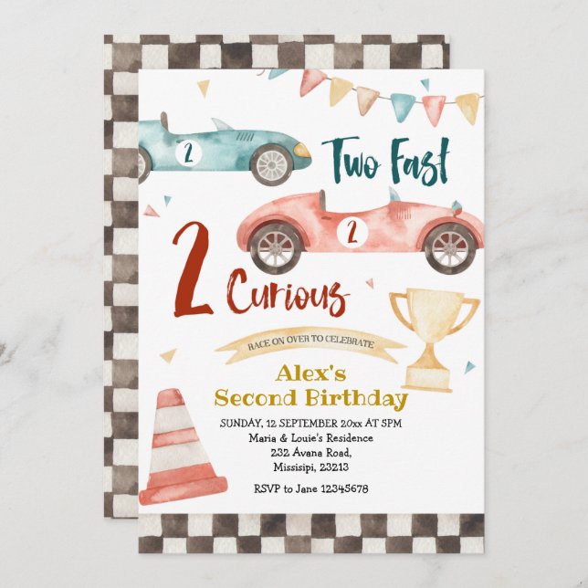 Two Fast Two Curious Retro Racing Invitation (Front/Back)