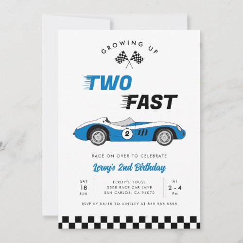 Two Fast Vintage Blue Race Car Boy 2nd Birthday Invitation