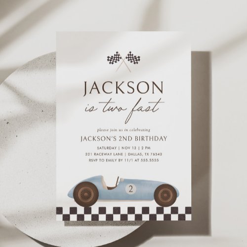 Two Fast Vintage Race Car Boy 2nd Birthday Invitation