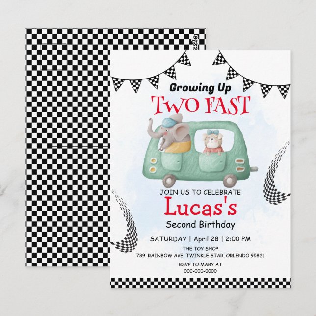 Two Fast wild Elephant race car 2nd Birthday Party Postcard (Front/Back)